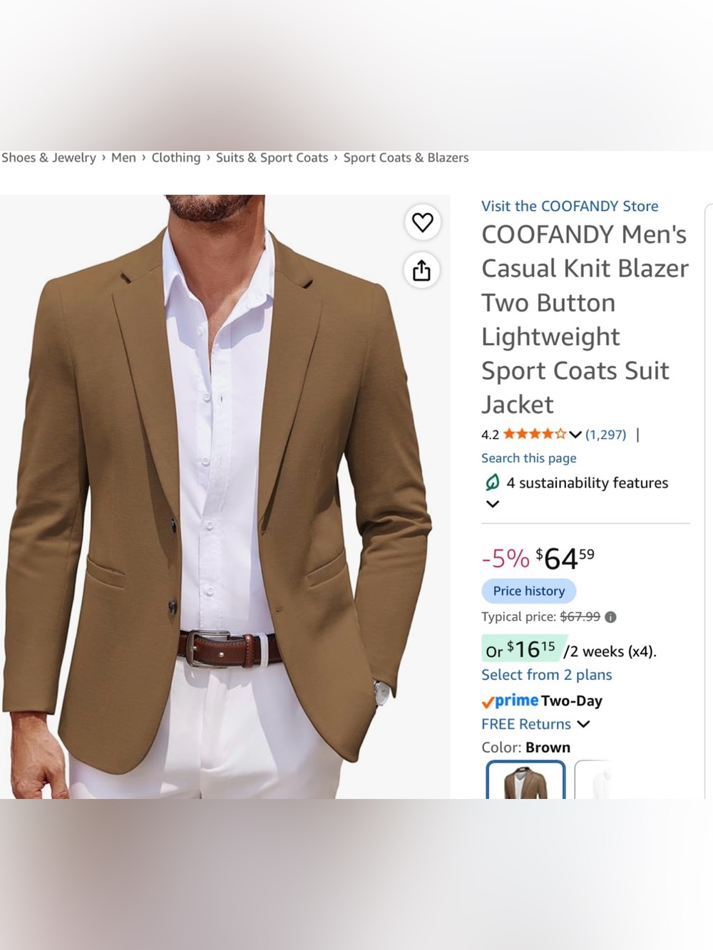 Men’s Casusl Blazer Lightweight Sport Coat 2 Button - NWT -Medium